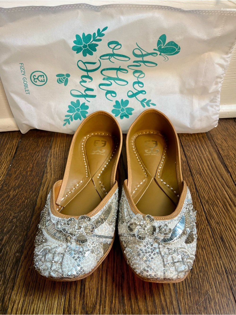 Fizzy Goblet Silver Screen Juttis, Beaded Embellished Flats, Size 40